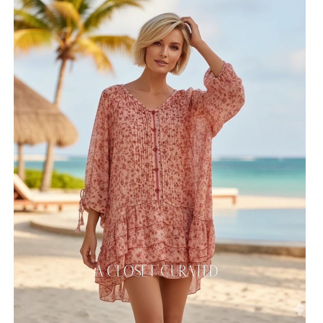 Poupette St Barth Floral Cotton Poncho Cover Up Dress One Size Orange Small